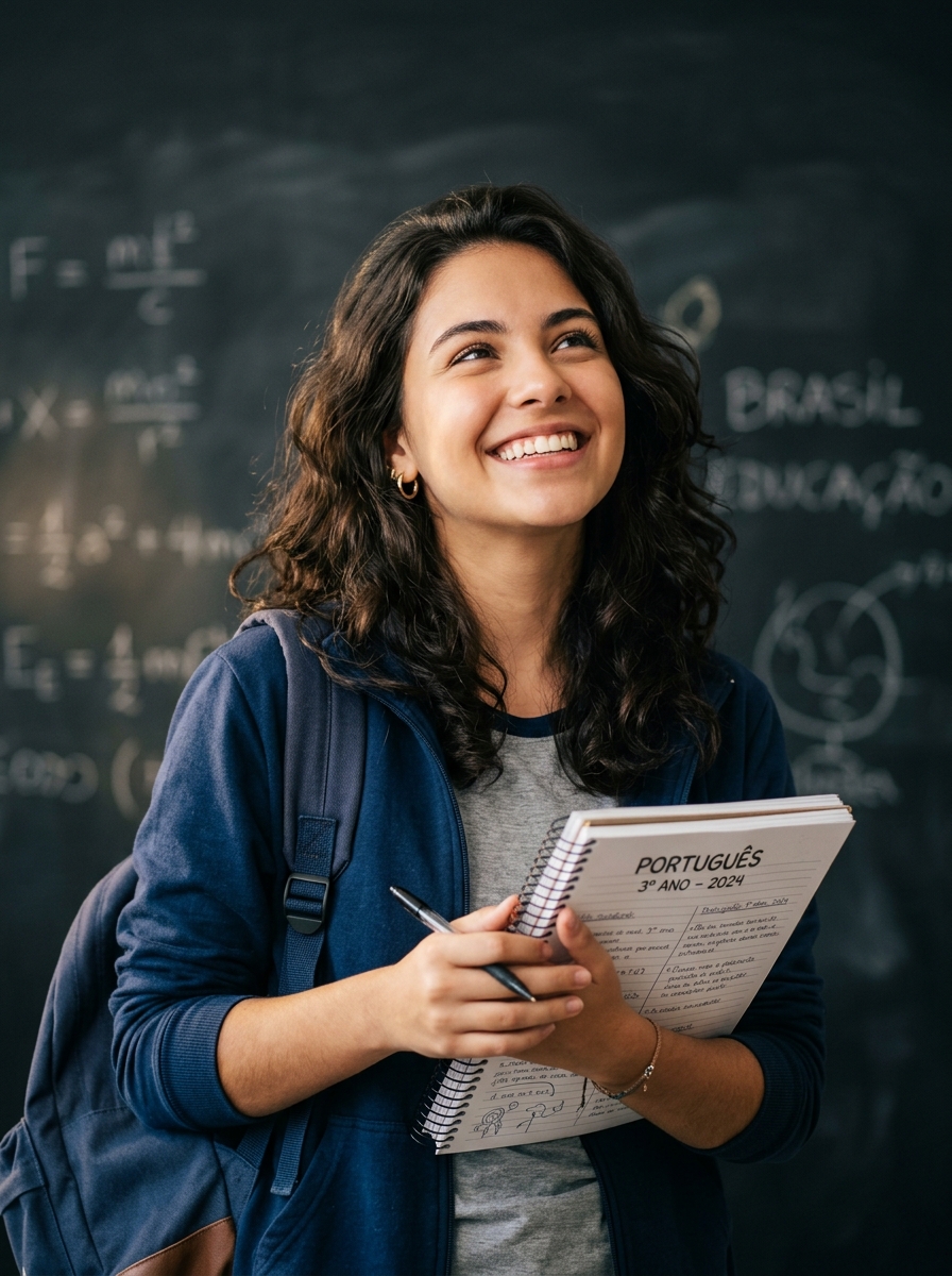 Estudante brasileira sorrindo com caderno de estudos para o ENEM 56